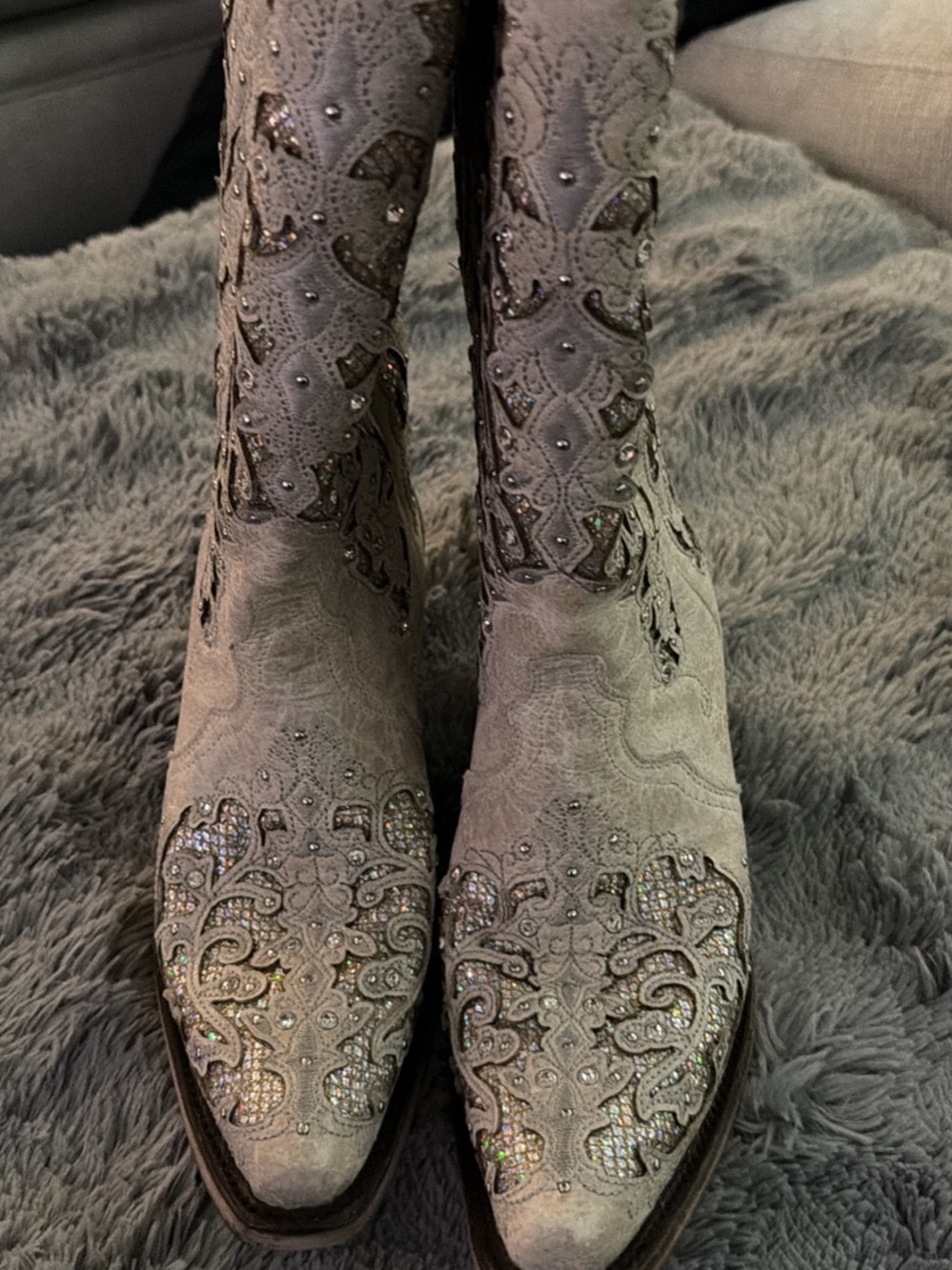 Embellished Gray Western Heeled Boots with Crystal Detailing